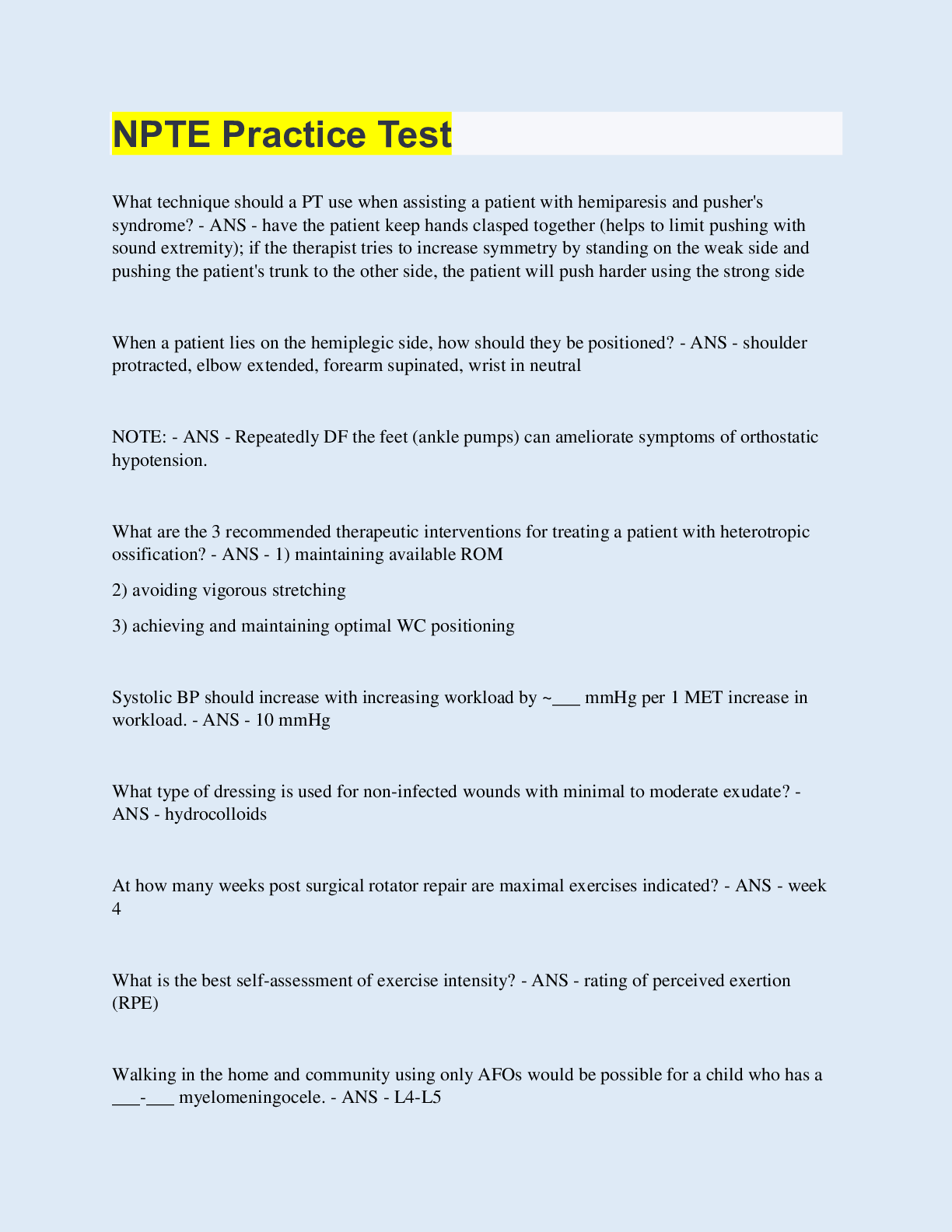 Preview of NPTE Practice Test